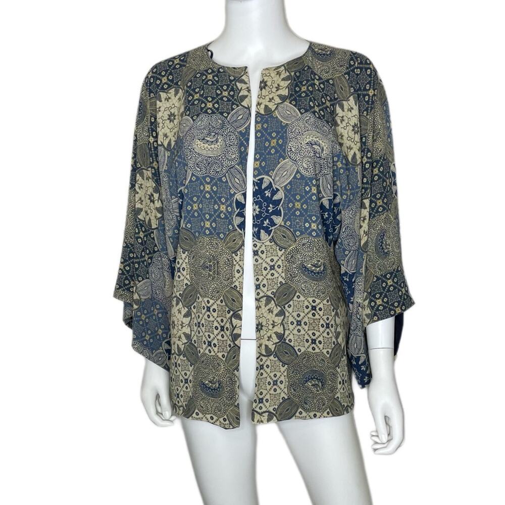Zara Basic Women's Blue Floral Mosaic Flowy Boho Patterned Kimono Jacket sz M